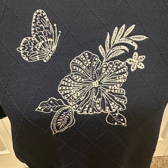 Alfred Dunner knit shirt short sleeve navy blue butterfly flower pattern - Picture 2 of 3